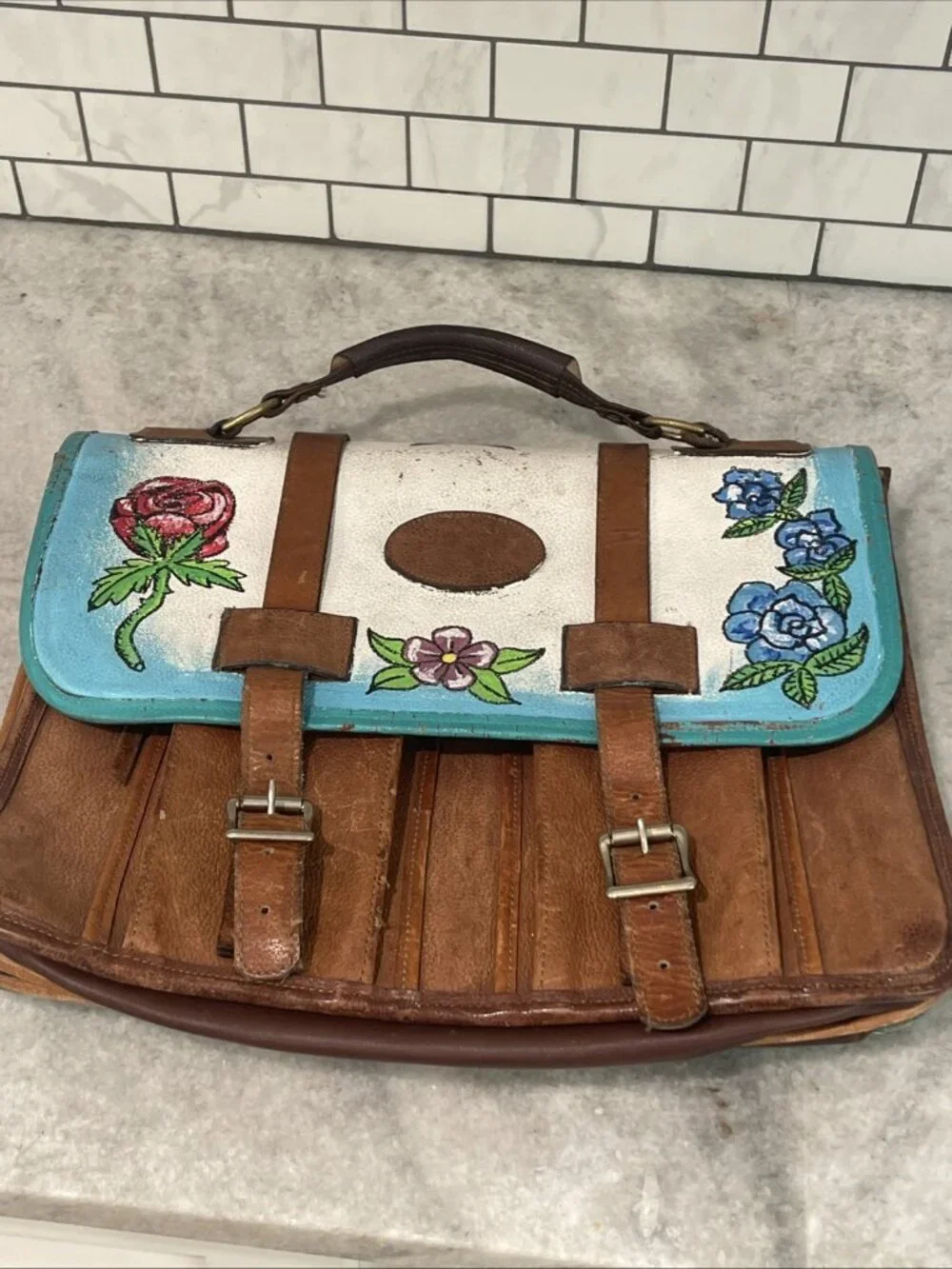 Vintage Briefcase Hand Painted Leather Large Laptop‎ Bag Southwestern Artsy Boho